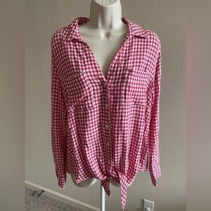 Jones New York Women’s Pink & White Plaid Button Up Roll & Tab Sleeve Blouse s L